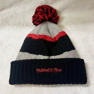 Mitchell & Ness Black and Gray Striped Beanie with Red Pom